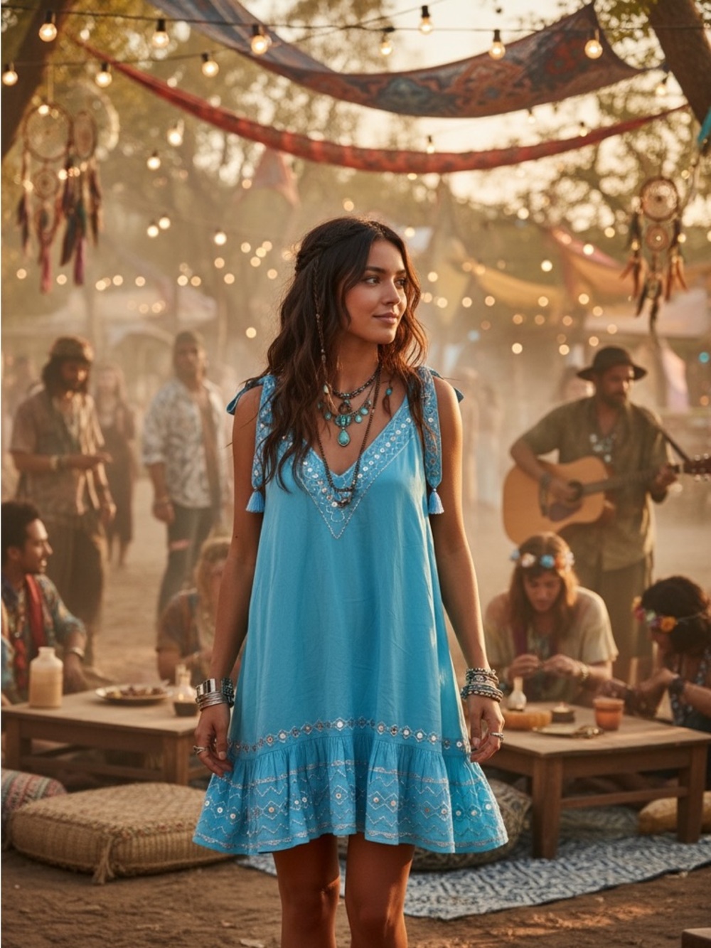 Pranella Turquoise Embellished Boho Mini Dress Large NWT